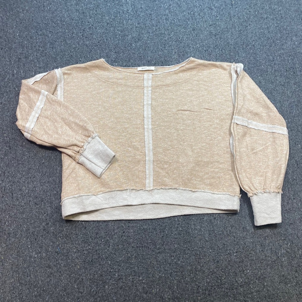 Mustard Seed Sweatshirt Sz L Womens Tan Boho Raw Seam Exposed Stitch Boat Neck